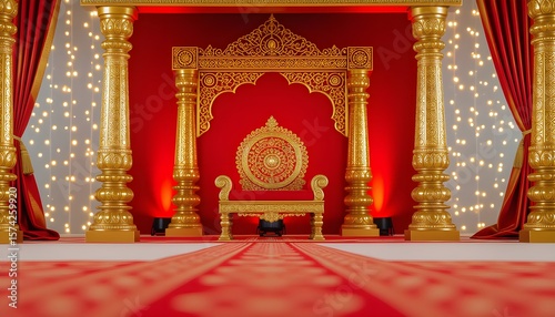 Kanchipuram silk-inspired wedding stage with gold threads, red backdrop, and traditional patterns