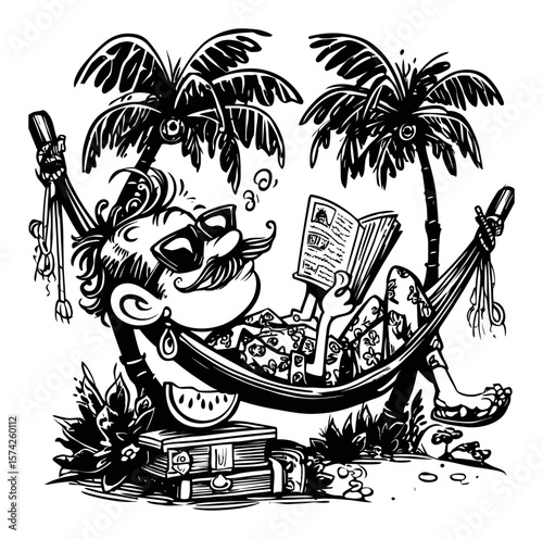 Relaxing Man in Hammock Reading Book Surrounded by Tropical Palm Trees