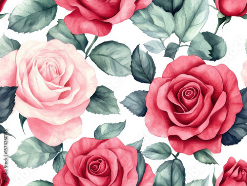 Seamless pattern of red and pink roses with green leaves on white background creates romantic and elegant floral design. watercolor style adds soft and artistic touch