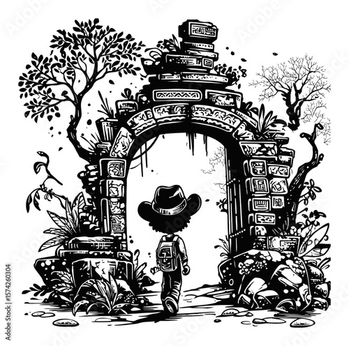 Adventurer Walking Through Ancient Archway Surrounded by Lush Nature