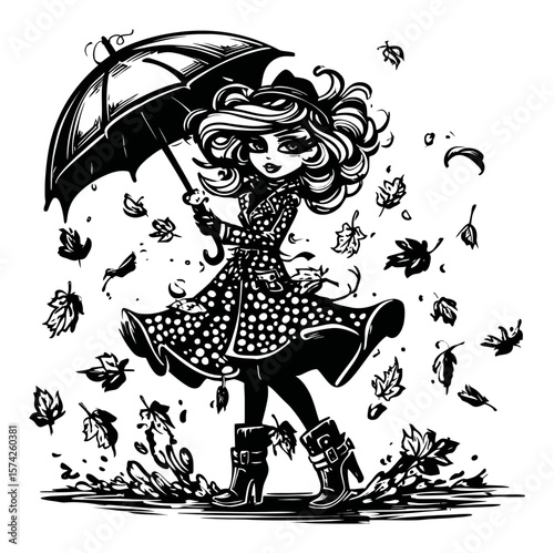 Stylish Girl with Umbrella Surrounded by Falling Leaves in Black and White