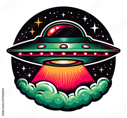 Retro Cartoon UFO Surrounded by Colorful Clouds and Stars in Night Sky