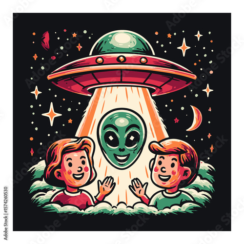 Whimsical Cartoon Alien Abduction Scene Featuring Happy Children and UFO