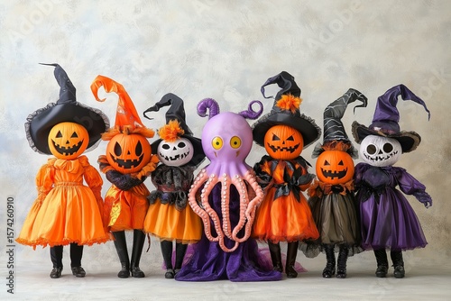 A festive collection of Halloween-themed dolls dressed in vibrant costumes, showcasing creativity and celebration.