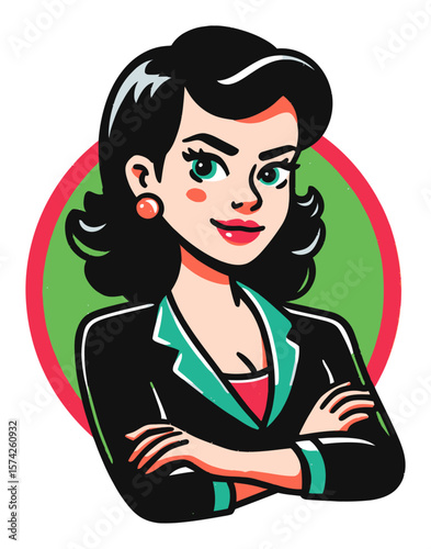 Confident Cartoon Woman with Black Hair and Stylish Outfit in Green Background