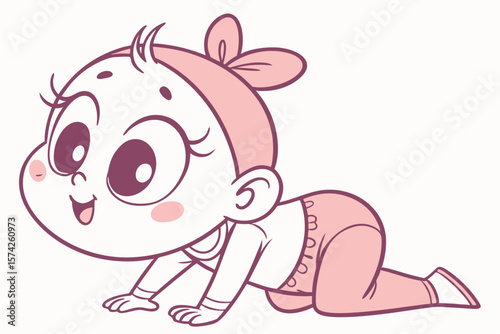 Vector cute Baby Girl cartoon character crawling happily with a curious expression isolated on white background