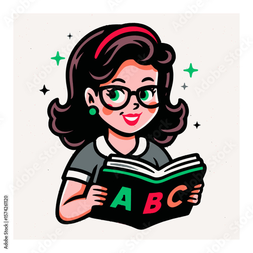 Vintage Cartoon Character Reading Book with Retro Style and Glasses