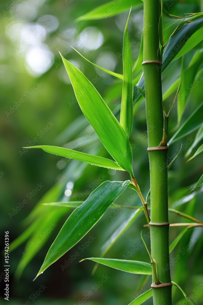 Fototapeta premium Lush green bamboo stalks and leaves with dew in sunlit forest