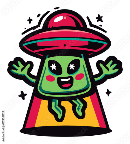 Playful Cartoon Alien Flying in UFO with Joyful Expression and Vibrant Colors