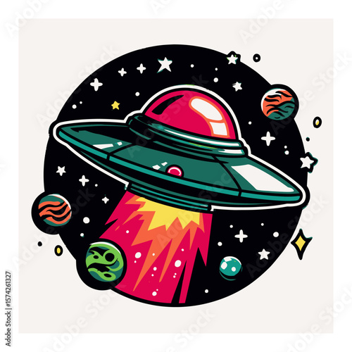 Colorful Cartoon UFO in Space with Planets and Stars in Retro Style