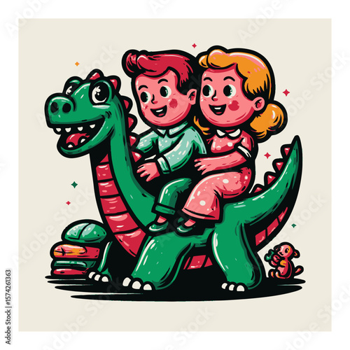 Playful Cartoon Children Riding a Friendly Dinosaur with Fun Expressions