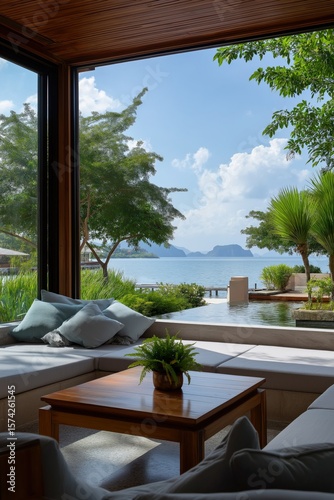 Luxurious lakeside retreat with modern interior and scenic views of mountains and trees