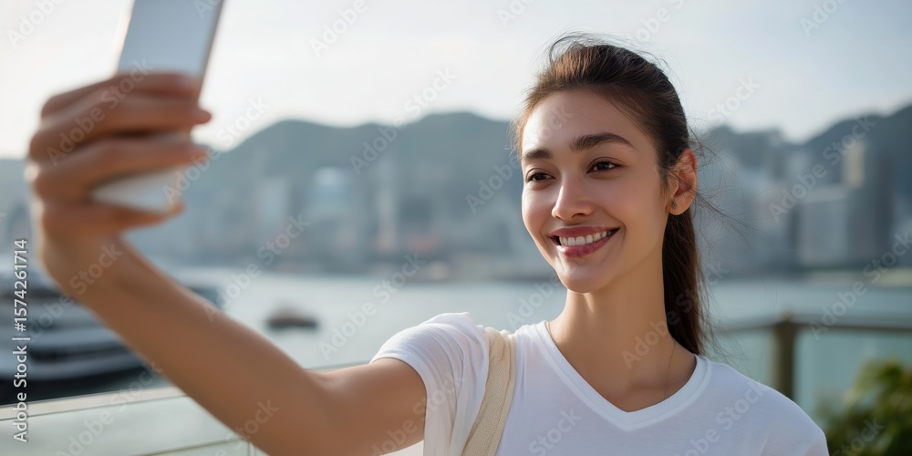 Young asian female taking selfie outdoors with cityscape background Young asian female taking selfie outdoors with cityscape background