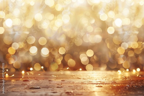 Wet wooden table surface sparkling with a string of fairy lights and golden bokeh background creates a magical christmas atmosphere