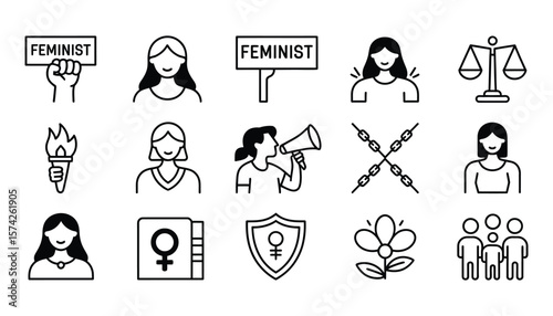 Collection of feminist line art vector icons representing equality and empowerment.