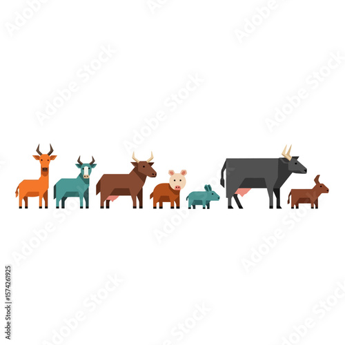 Geometric Farm Animal Set: Modern Flat Design