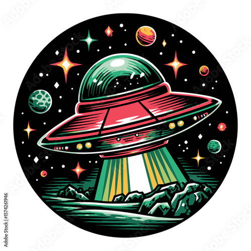 Vibrant Cartoon UFO Flying Over Rocky Planet Surface with Colorful Stars