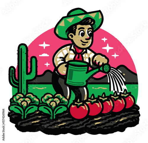 Cheerful Farmer Watering Plants in Vibrant Cartoon Landscape