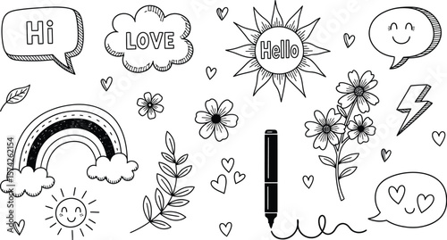Hand drawn doodles with rainbow sun flowers and speech bubbles on white