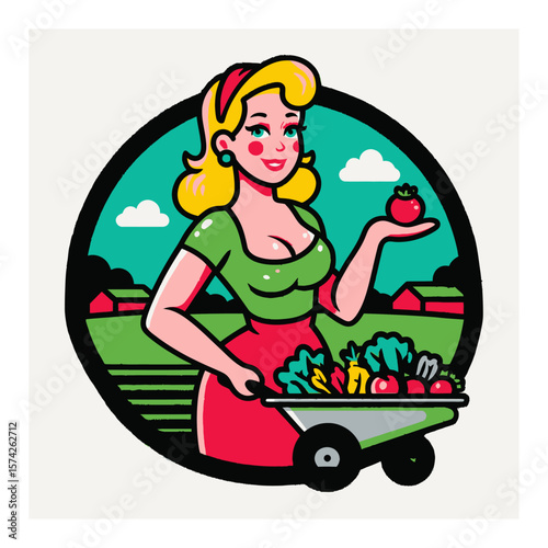 Vintage Cartoon Woman in Farm Landscape Holding Tomato with Wheelbarrow