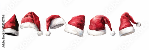 Vector illustration of  festive collection of watercolor Santa hats in different shapes and angles on white background