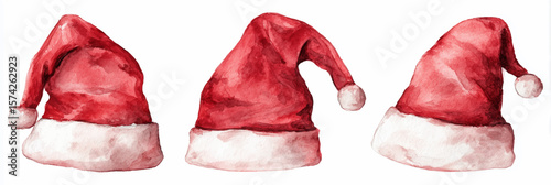 Vector illustration of  festive collection of watercolor Santa hats in different shapes and angles on white background
