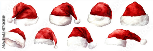Vector illustration of  festive collection of watercolor Santa hats in different shapes and angles on white background
