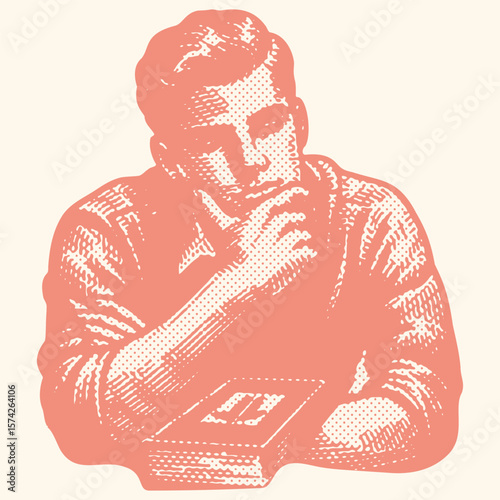  Vibrant color engraving postal stamp halftone vector of pink thoughtful person resting chin on hand detailed illustration design creative art portrait concept