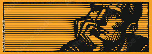  Heavy lined effect hand drawn banner design of a thoughtful person resting their chin on their hand in orange color vector illustration for creative and artistic projects