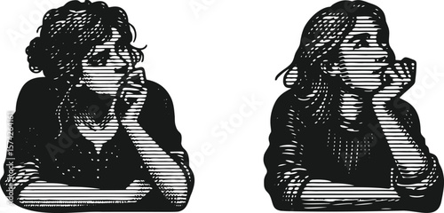  Monochrome lined effect engraving bundle featuring a thoughtful woman resting her chin on her hand, detailed vintage style portrait illustration, contemplative female figure, classic hand pose art