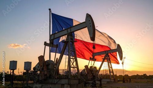 Oil pumps & Texas flag at sunset