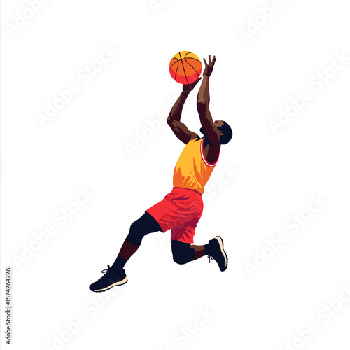 Male basketball player jumping to make a shot in yellow and red jersey  