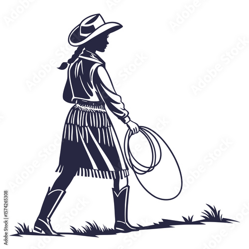 Cowgirl Silhouette Walking with Lasso Dark Blue White Background