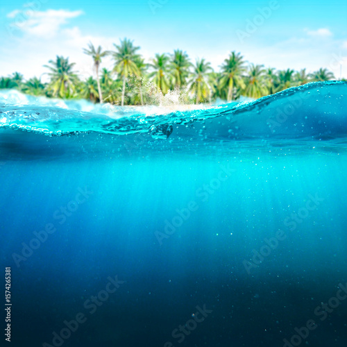 Split view of turquoise tropical ocean water with splash, sunrays underwater, and palm trees on the shore. Bright, sunny summer vacation concept.