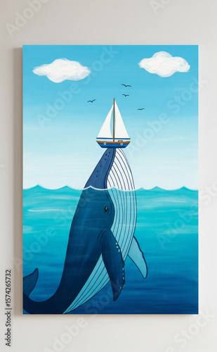 whale lifting sailboat in whimsical sea painting
