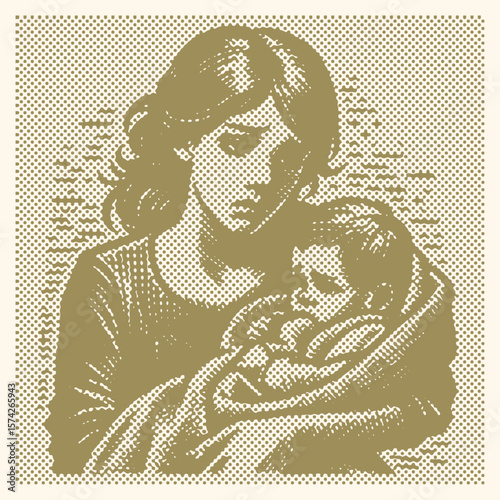  Vibrant color engraving postal stamp halftone vector of green color worried mother holding a baby, emotional maternal care, detailed line art, vintage style, family love, protective embrace illustrat