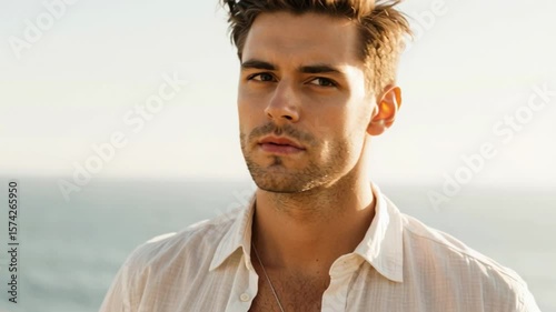 Young man enjoys coastal breeze while gazing into the distance at sunset near the ocean