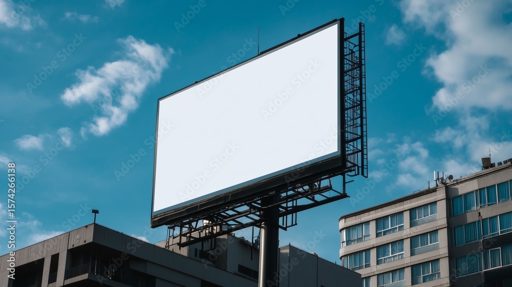 Blank urban billboard against blue sky with tall buildings in background Blank urban billboard against blue sky with tall buildings in background