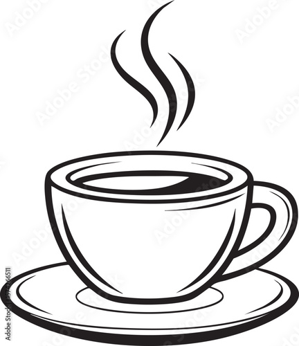 Stylized black and white illustration of a steaming coffee cup and saucer isolated on transparent background