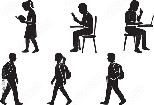 Lifestyle Silhouette Icon Pack – Reading, Tech Use & Backpack Walking Poses for Everyday Activity Design