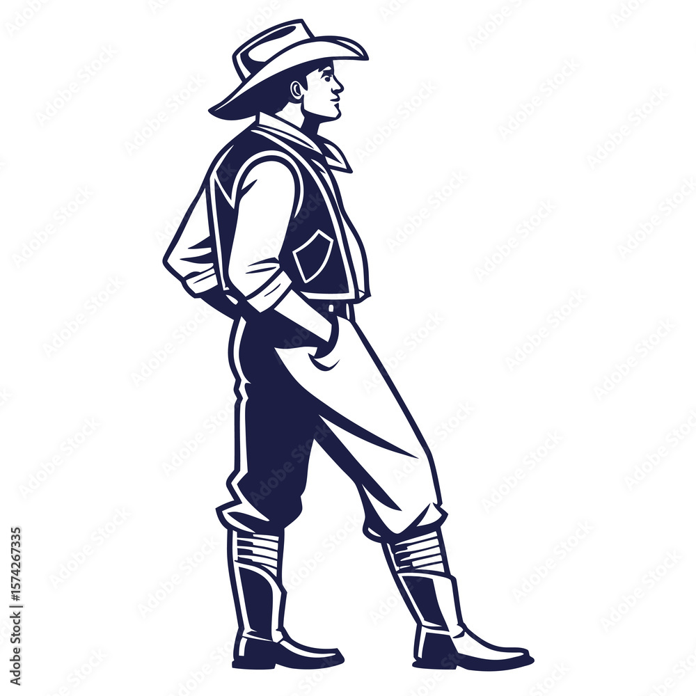 Fototapeta premium Flat Design Cowboy Silhouette Dark Blue White Background