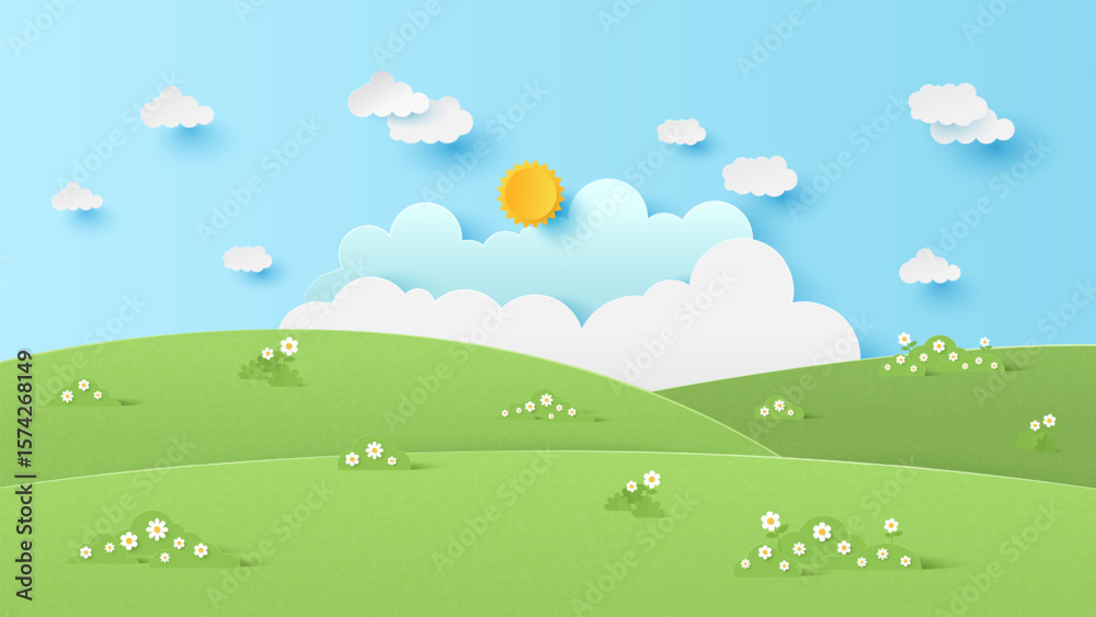 Obraz premium Landscape scenery with mountain and white cloud in summer blue sky background. Green landscape with blue sky