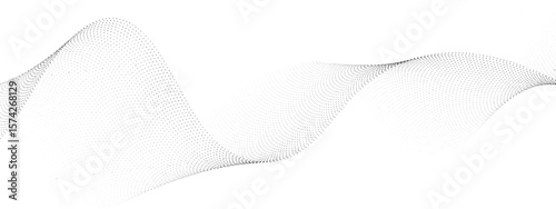 Abstract flowing dots particles wave curved lines on transparent background. Black halftone gradient smooth curve line shape background. Design for frequency sound, technology, science, banner