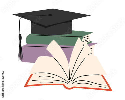 Stack of books with Graduation hat for students. Vector Minimalist books