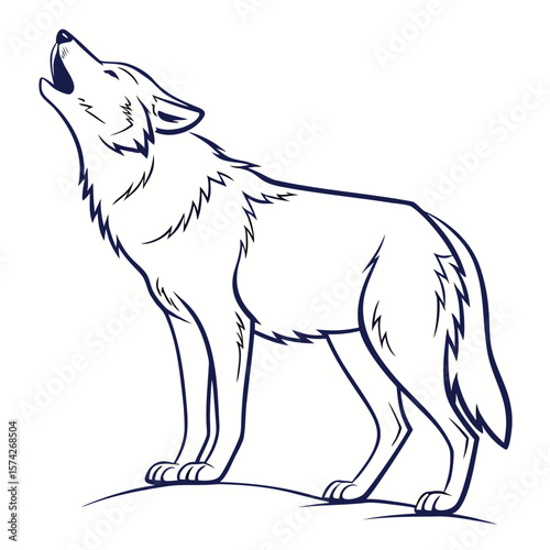 Hand Drawn Dark Blue Outline Wolf Howling White Background