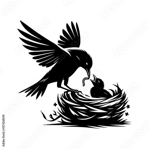 Nurturing Instinct: A stylized illustration captures the tender moment as a parent bird feeds a worm to its chick, symbolizing care and the cycle of life.