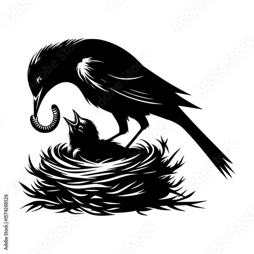 Parent bird feeding worm to hungry chick in nest