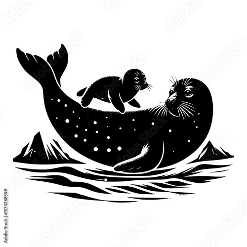 Mother Seal and Pup: A heartwarming illustration depicts a mother seal tenderly cradling her adorable pup. Captured in a monochromatic style, it embodies a symbol of oceanic love, familial bonds.