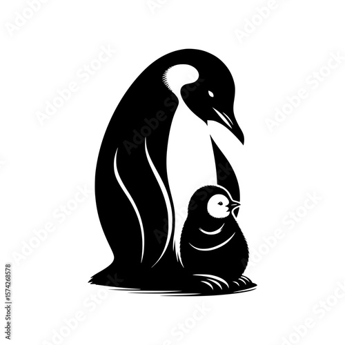 Stylized silhouette of an adult penguin protecting its chick