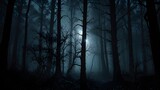 Bosque oscuro y brumoso iluminado por luz de luna